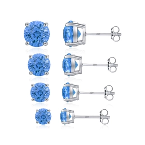 Four pairs of S925 sterling silver stud earrings with blue round-cut sparkling gemstones