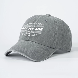 Washed dark grey baseball cap with white I DON'T KNOW HOW TO ACT MY AGE quote print