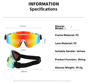 Detailed specs of 39.5g PC frame ski goggles showing 157mm width and side dimensions