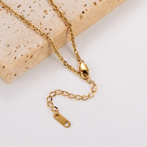 Detail of gold twisted curb chain necklace with lobster clasp and extension link
