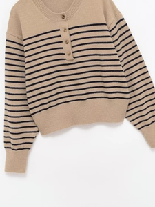 Detail showing the brown resin buttons and striped knit texture of the khaki sweater