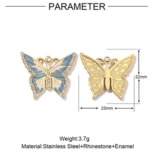 Detail view of butterfly pendant specifications with stainless steel, enamel and rhinestones
