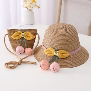 Kids straw hat and crossbody bag set with cherry decoration for summer sun protection