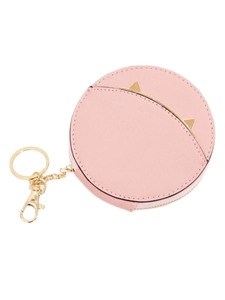 Pink round faux leather coin purse with cat ears design and golden keychain clasp