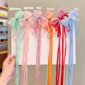 Kids long ribbon bow hair clips set in six vibrant colors for girls hair styling