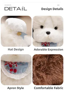 Close-up of plush puppy doll with blue floral bib lace detail and wooden button hat