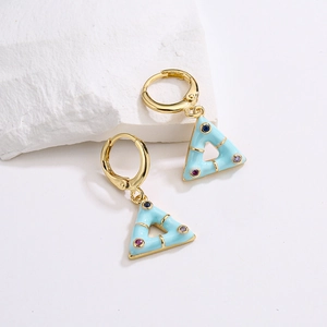 Elegant 18K gold-plated triangle earrings with light blue enamel and colorful gemstones