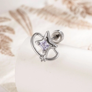 Star-shaped metal stud earring with a square purple gemstone and screw-back closure