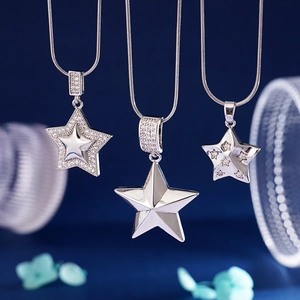 Three silver pentagram star pendant necklaces with crystal inlays on snake chains