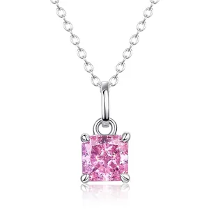 925 Sterling Silver Pink Zirconia Pendant Necklace For Women Elegant Geometric Princess Cut Jewelry For Daily Party Wear
