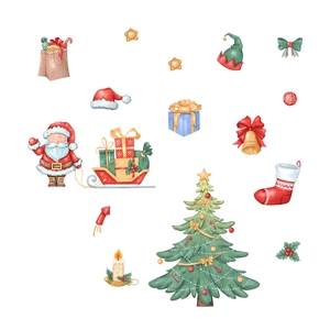 Detailed watercolor Christmas stickers featuring Santa, sleigh, and decorated tree