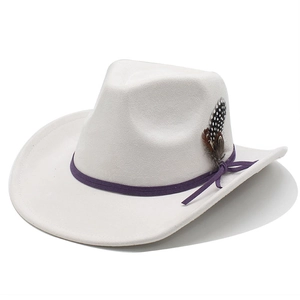 Detail of white suede cowboy hat with purple band and spotted feather decoration