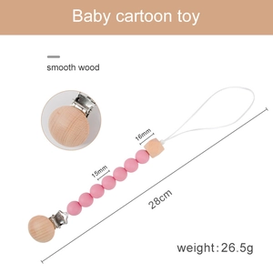 Silicone and beech wood baby pacifier clip with Morandi pink beads, 28cm total length
