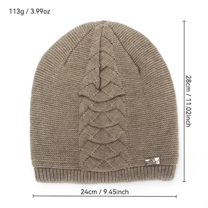 Beige winter knit beanie with cable pattern and warm fleece lining for men and women