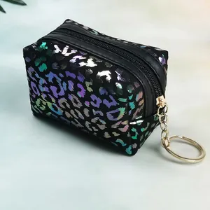 Compact iridescent leopard print mini pouch with gold key ring and durable zipper