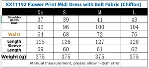 Size chart showing shoulder, bust, and waist measurements for the floral chiffon dress