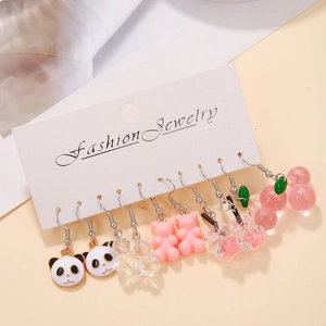 Lot de 6 paires de boucles d'oreilles en résine oursons et cerises sur carte mode