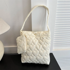 Quilted Heart Tote Bag For Women Large Capacity Nylon Shoulder Bag With Small Pouch Retro Fashion Casual