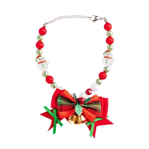 Weihnachts-Halsband für Haustiere mit roten Perlen, Schneemännern, Schleife und Glocken