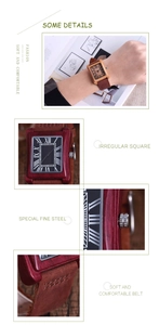 Macro view showing Roman numeral dial and irregular square wooden watch case textures