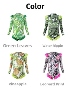 Détail de maillots de bain manches longues pour filles avec motifs feuille, vague et léopard