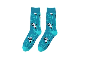 Teal crew socks featuring panda and bamboo patterns made of soft cotton blend fabric