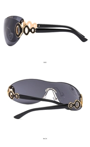 Detailed side and back views of frameless Y2K sunglasses with gold chain temples