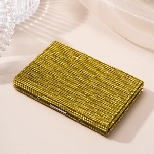 Elegant yellow rhinestone card holder wallet with crystal finish shown at a 45-degree angle