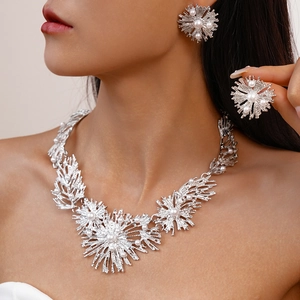 Statement Jewelry Set Alloy Imitation Artificial Pearl Flower Leaf Radiant Necklace And Earrings Elegant Party Accessories For Women