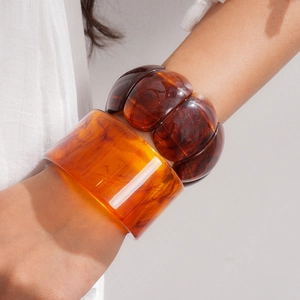 Exaggerated Fashion Acrylic Resin Marble Smudge Open Bangle Elastic Bracelet Personalized Designer Tortoiseshell Amber Hand Cuff For Women Jewelry