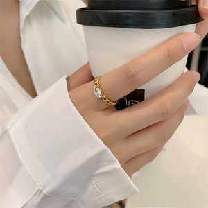 18K gold plated titanium chain ring with marquise zircon, stylish minimalist jewelry piece