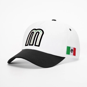 Detail view of Mexico flag embroidery and premium M logo on the side of a baseball cap