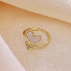 18K gold plated heart ring with white enamel and micro-pave zircons on beige silk