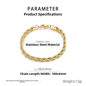 Detail specifications of a 18k gold rope chain bracelet in stainless steel with 4mm width