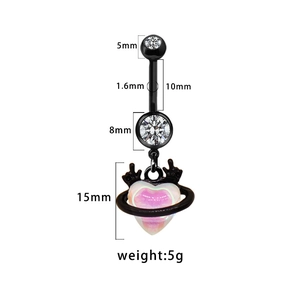 Macro detail of heart belly ring with 1.6mm gauge and pink iridescent crystal pendant