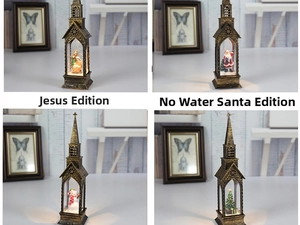 Vintage bronze Christmas lanterns featuring Santa, snowman, and nativity scenes with LED light