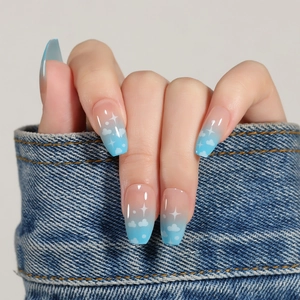 Short coffin press-on nails featuring blue sky clouds gradient design for summer