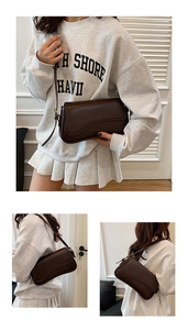 Detail shots of deep brown shoulder bag with magnetic flap shown from multiple angles