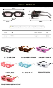 Detailed size specifications for creative plush square sunglasses with dimensions and frame data