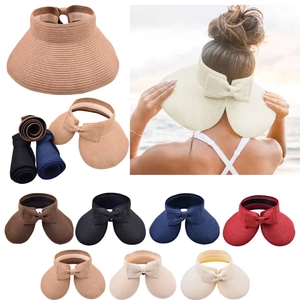 Women Straw Visor Hat Wide Brim Bowknot Sun Protection Summer Beach Foldable Roll Up Sun Hat