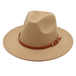 Elegant khaki wool felt fedora hat featuring a brown leather belt buckle and wide flat brim