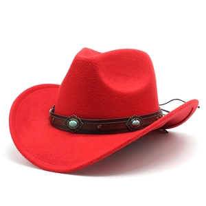 Red wool cowboy hat with leather band and turquoise stone, shown at 45-degree angle