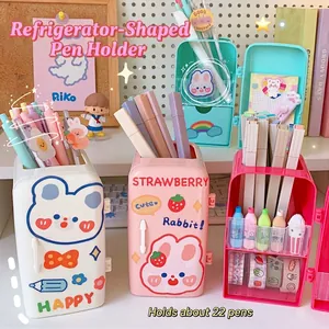 Kawaii Refrigerator Shaped Pencil Holder Desktop Organizer Multi Compartment Stationery Storage Case With Cute Cartoon Stickers For Students Girls