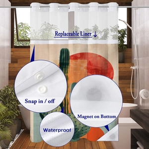 Detail view of snap-in shower curtain liner with waterproof fabric and bottom magnets