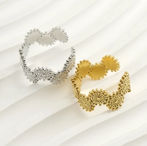 Detailed view of adjustable gear-edge rings in gold and silver stainless steel