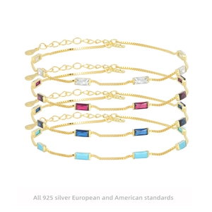 Baguette Zircon Bracelet 925 Sterling Silver Box Chain Geometric Adjustable Elegant Minimalist Jewelry For Women