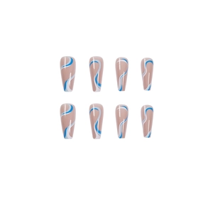 French long ballet nails with blue wavy lines and rhinestone floral pattern