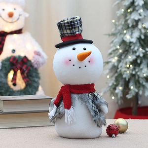 Close-up of a festive plush snowman with plaid top hat, red scarf, and soft faux fur collar