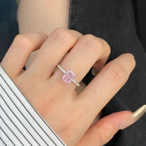 Detailed view of an S925 sterling silver ring featuring a large pink rectangular zircon gem