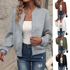 Women Zip Up Jacket Polyester Geometric Jacquard Texture Baseball Collar Casual Long Sleeve Coat Outerwear